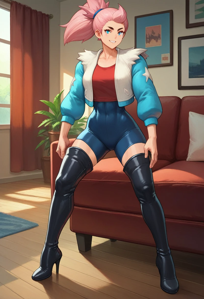 score_9, score_8_up, score_7_up, source_anime, solo, 1girl, bsjanet, full body, smile, looking at viewer, bleu eyes, ponytail, woolen jacket, black thigh boots, heels, living room, 