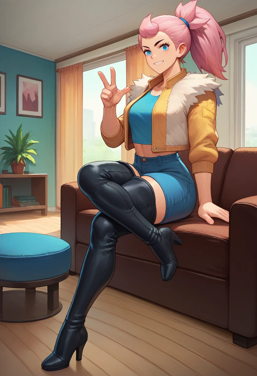 score_9, score_8_up, score_7_up, source_anime, solo, 1girl, bsjanet, full body, smile, looking at viewer, bleu eyes, ponytail, woolen jacket, black thigh boots, heels, living room, 