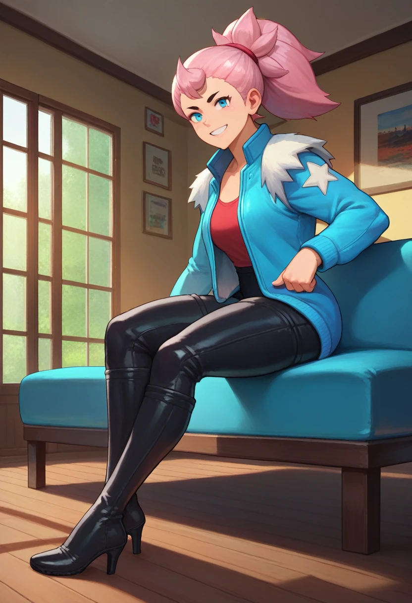 score_9, score_8_up, score_7_up, source_anime, solo, 1girl, bsjanet, full body, smile, looking at viewer, bleu eyes, ponytail, woolen jacket, black thigh boots, heels, living room, 