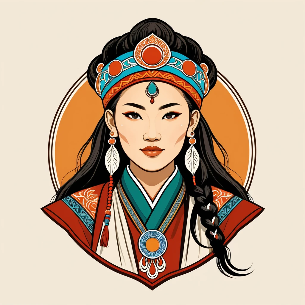 old female druid in mongolian folk outfit, vector graphics, strong contours, logo design
