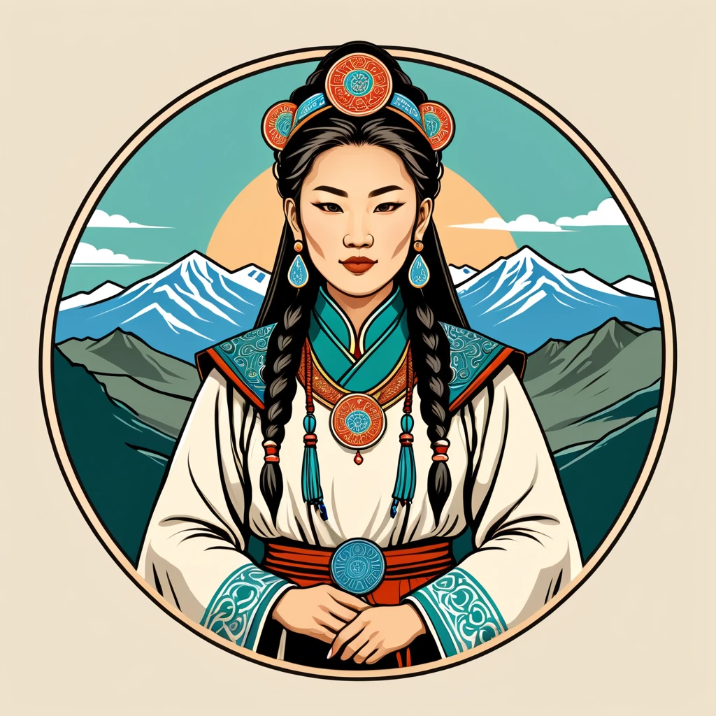 old female druid in mongolian folk outfit, vector graphics, strong contours, logo design