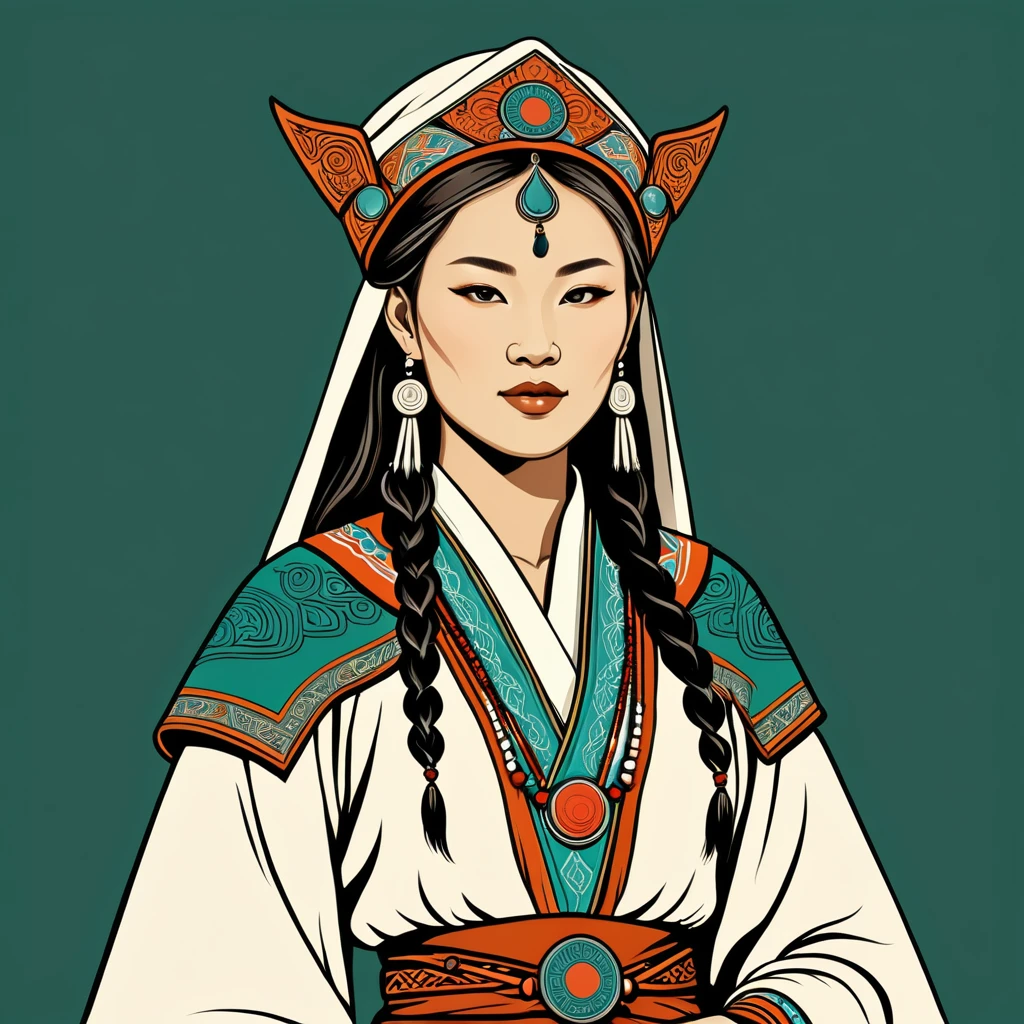 old female druid in mongolian folk outfit, vector graphics, strong contours, logo design