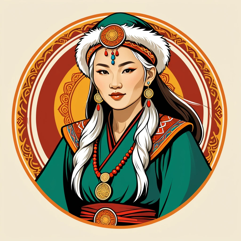 very old female druid in mongolian folk outfit, vector graphics, strong contours, logo design