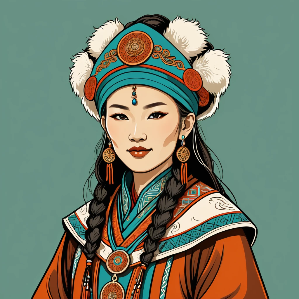 very old female druid in mongolian folk outfit, vector graphics, strong contours, logo design
