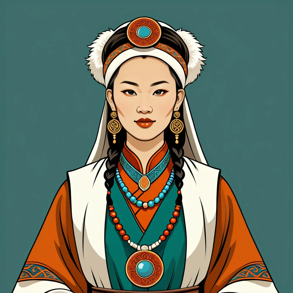 very old female druid in mongolian folk outfit, vector graphics, strong contours, logo design
