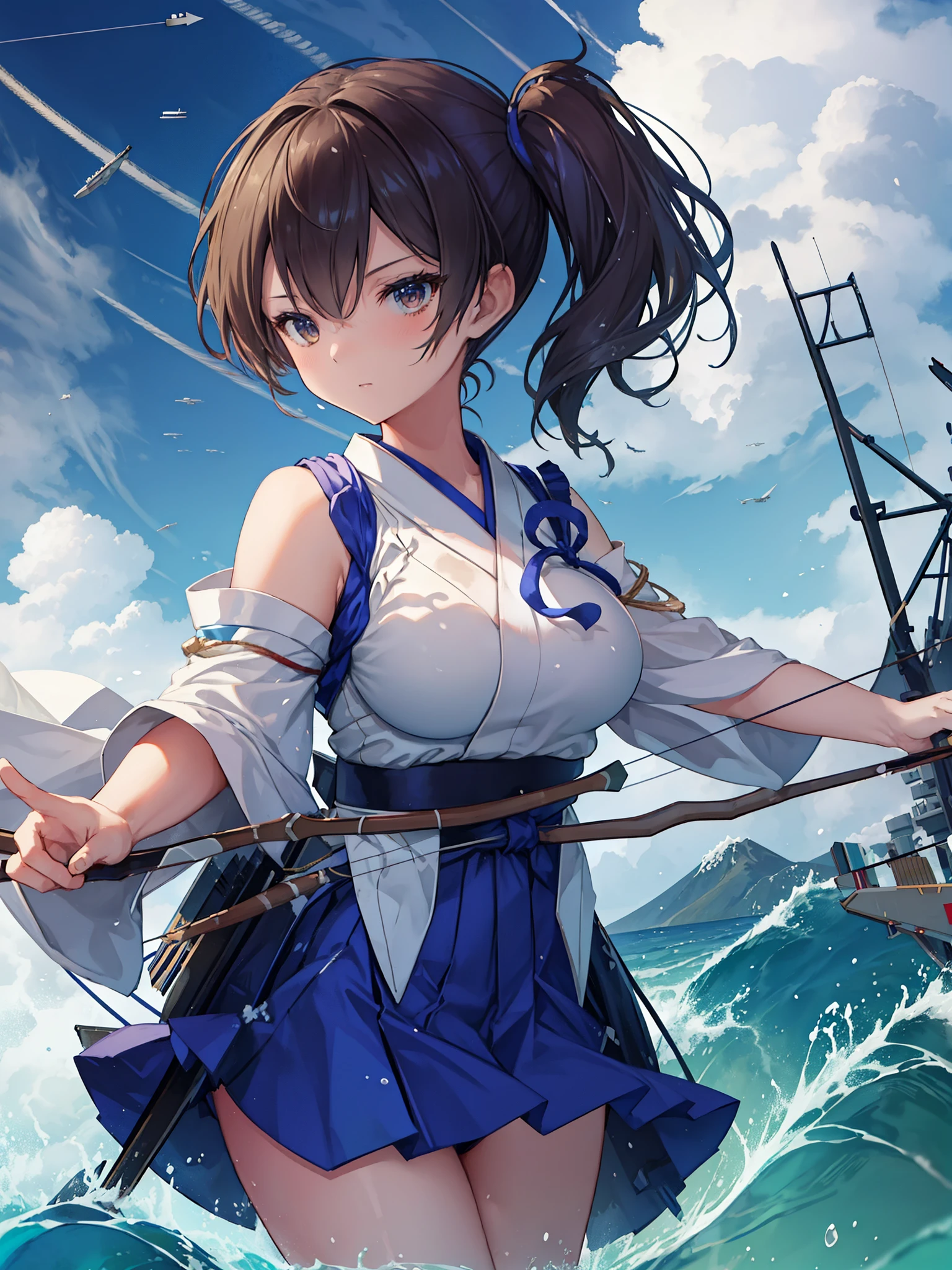 Kaga(Fleet Collection),highest quality, masterpiece, High resolution,kimono,blue skirt,side ponytail,big_breasts,solo,Japanese_bow&arrow,dynamic_posing,half_eyes,solo,plump,sea_landscape_background,waves
