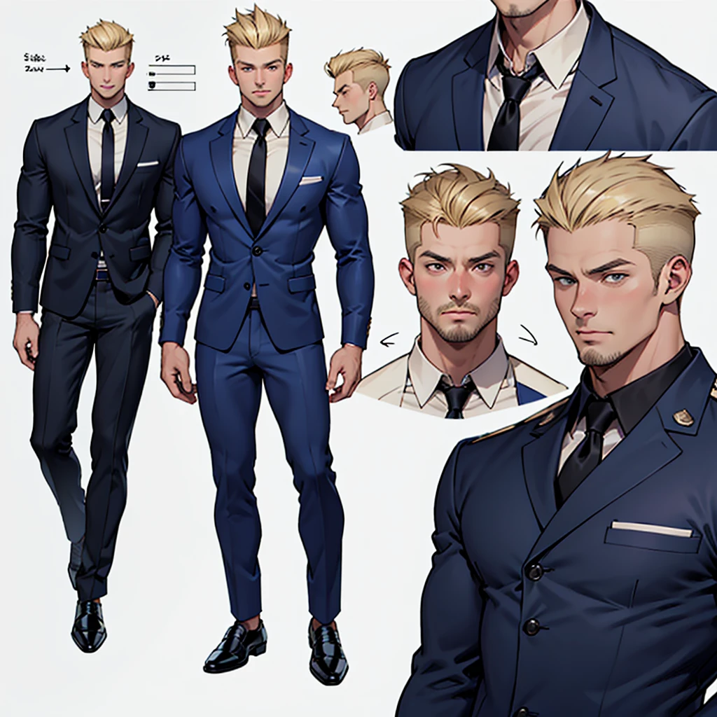 A model sheet of a muscular adult Captain America, Short blonde hair in a pompadour style in a very light tone, shaved neck. He wears a suit-style outfit with light beige colors., navy blue blouse and black tie. Wearing navy blue pants and black shoes. Using detailed gauntlets. In action and movement poses, various face angles, Facial expressions. 8 k quality.