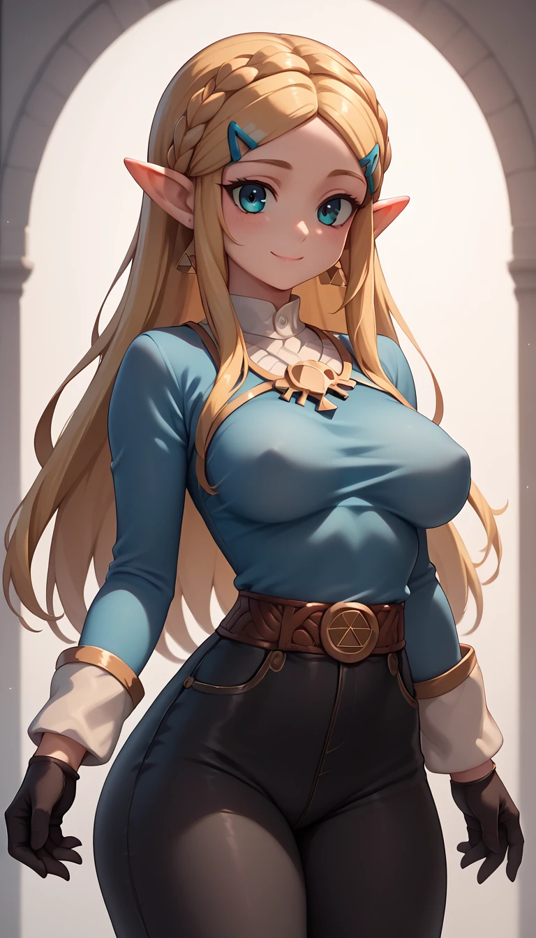 High resolution, Very detailed, perfect lighting, beautiful detailed eyes, ((masterpiece,Best Quality)), absurdities, alone, princess zelda, by the width, crown braid, Hair clip, pointy ears, blue shirt, long sleeves, Gloves without fingers, black gloves, Black pants, tight pants, smile, curves, nod, , deep neckline, deep neckline, bare breasts, bare breasts, NSFW, visible nipples, visible nipples