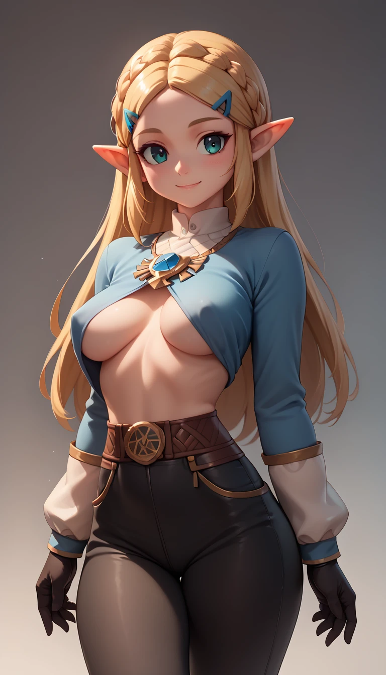 High resolution, Very detailed, perfect lighting, beautiful detailed eyes,   ((masterpiece,Best Quality)), absurdities, alone,     princess zelda, by the width, crown braid, Hair clip, pointy ears, blue shirt, long sleeves, Gloves without fingers, black gloves, Black pants, tight pants, smile, curves, nod,   ,  deep neckline, deep neckline, bare breasts, bare breasts, NSFW, visible nipples, visible nipples 