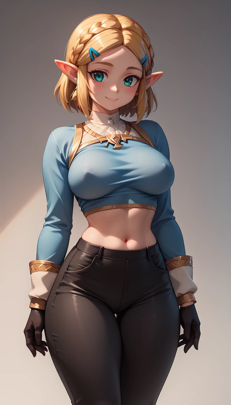 High resolution, Very detailed, perfect lighting, beautiful detailed eyes, ((masterpiece,Best Quality)), absurdities, alone, princess zelda, by the width, crown braid, Hair clip, pointy ears, blue shirt, long sleeves, Gloves without fingers, black gloves, Black pants, tight pants, smile, curves, nod, , deep neckline, deep neckline, bare breasts, bare breasts, NSFW, visible nipples, visible nipples