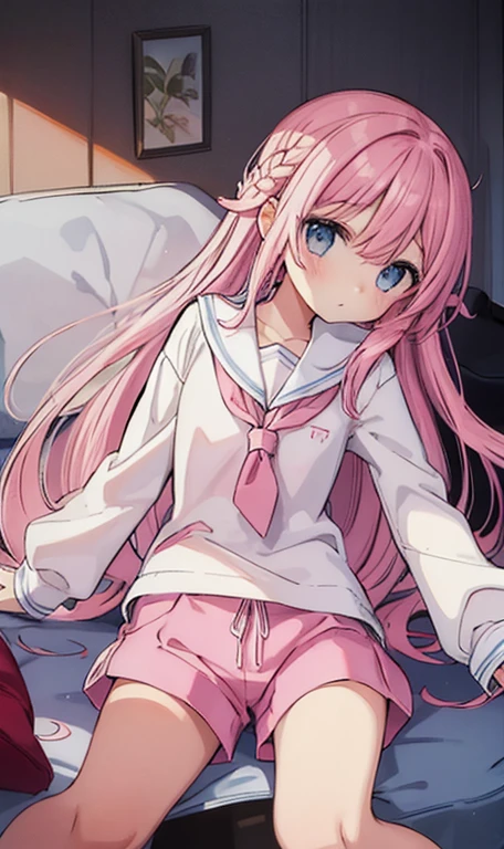 Beautiful illustrations, Highest quality, (12-year-old girl:1.4)、(pretty girl:1.5)、 girl、Flat Chest、Sailor collar、(White long tunic)、Long sleeve sailor suit、Blue-line cuffs、(Pink Chino Shorts:1.7)、(Pink shorts with wide openings:1.6)、Gap between thigh and shorts、Thin thighs、White socks、 Cinema Lighting, (Pink long hair)、Pink Straight Hair、Redness on the cheeks、(Braiding of the back of the head)