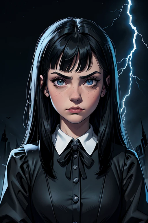 Highly detailed digital illustrations, High resolution, masterpiece, (Wednesday Adams as Chr1st1naR1cc1), Black Hair, (Twin Blade:1.2), 18 years, Cowboy Shot,
Long Hair, View your viewers, (Black dress with white polka dots, With white-collar), bangs, Iris, dagger, Sulky face, Glare,
At night, Dark ambient lighting, , Wednesday Addams aka Jenna Ortega, lightning