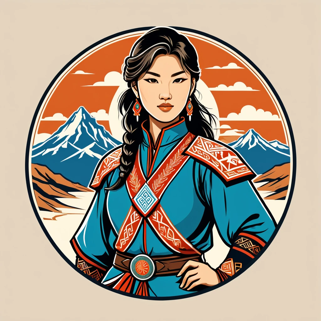 female ranger in mongolian folk outfit, vector graphics, strong contours, logo design
