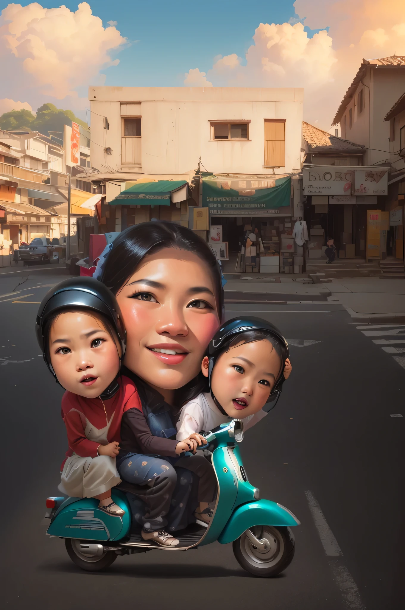 there is a woman riding a scooter with two ren on it, by Abidin Dino, an indonesian family portrait, realism artstyle, caricature illustration, cartoon digital painting, potrait, cartoon digital art, digital art cartoon, realism art, caricature style, digital cartoon painting art, inspired by JoWOnder, inspired by Rudy Siswanto, photorealistic!!!!!!! art style