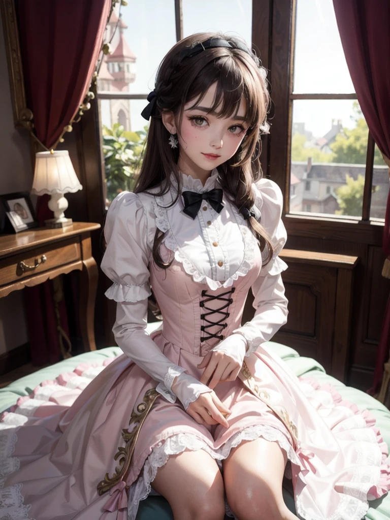 (1girl)wearing a skirt, best quality, looking at the audience,,colorful,light sweetlolita at bedroomgothic gothic interior, yellow dress fabric, heart shape on cheek, blush pink makeup, gloves, smile, pastel color, ornate,