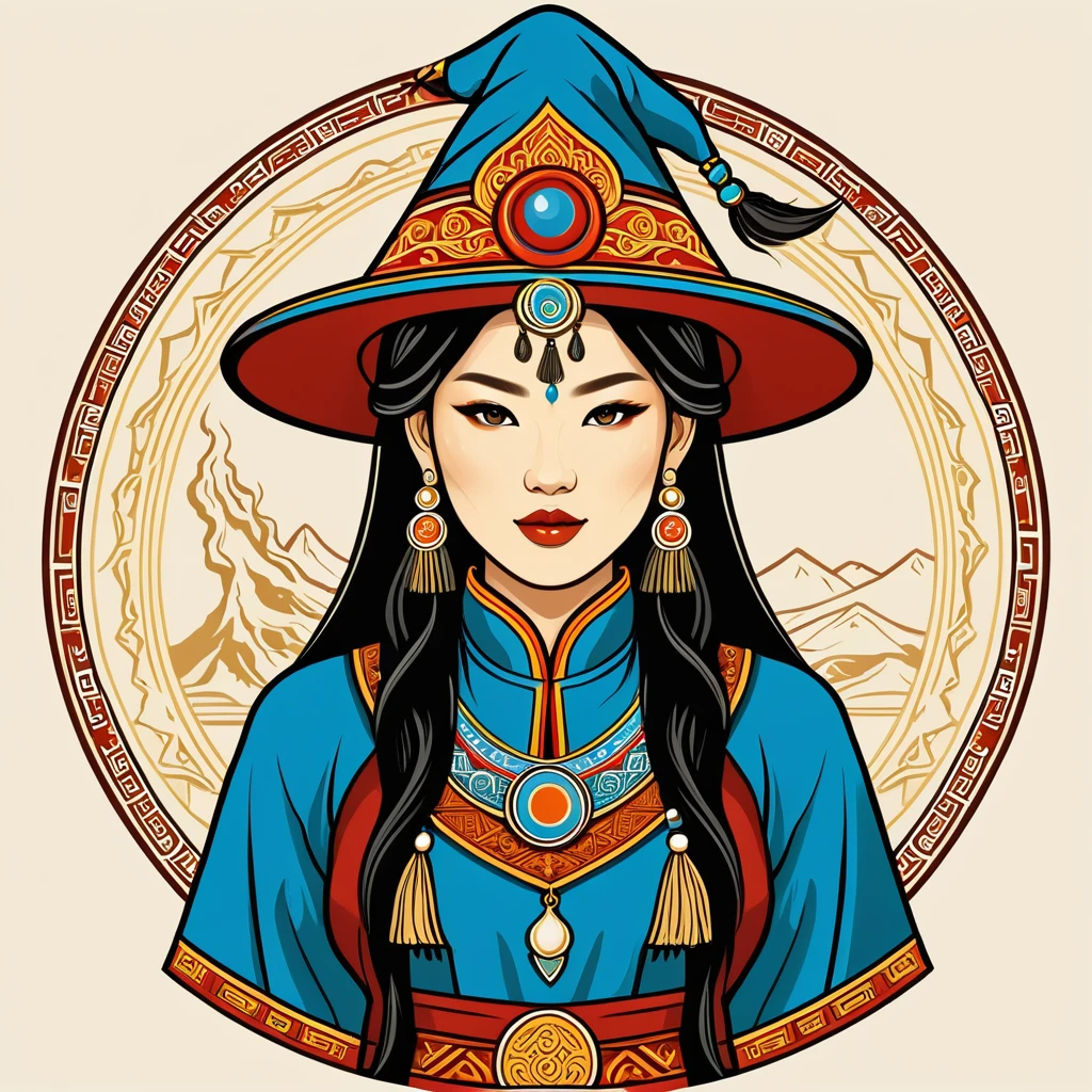 female wizard in mongolian folk outfit, vector graphics, strong contours, logo design
