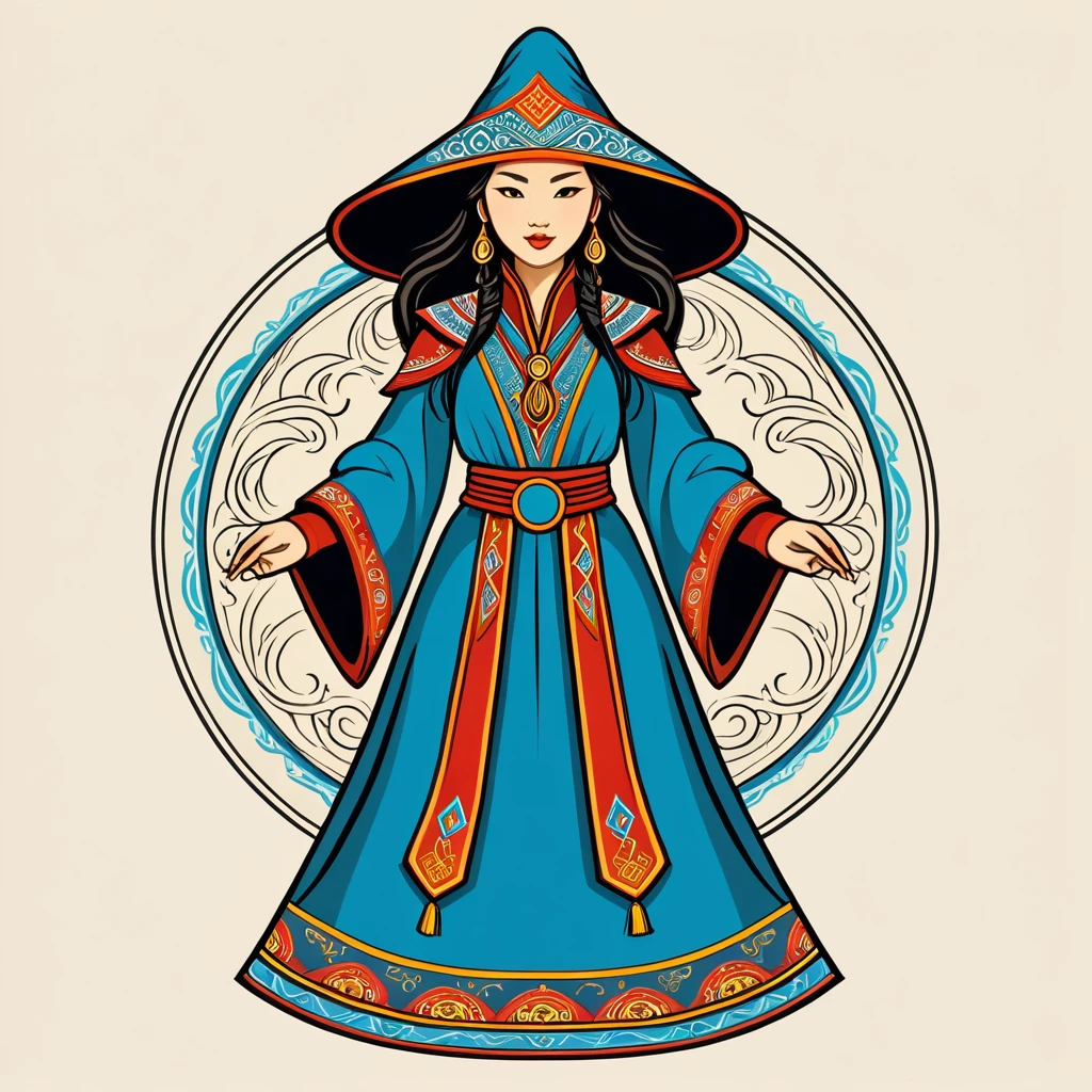 female wizard in mongolian folk outfit, vector graphics, strong contours, logo design