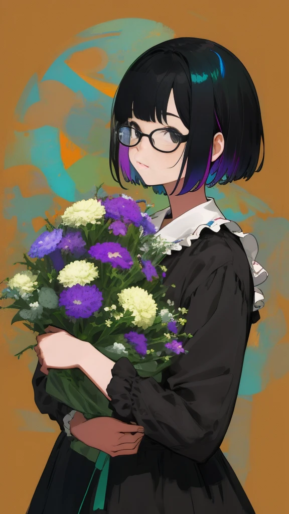 masterpiece, Highest quality, One Girl, Upper body, Have a bouquet of iridescent colors, short hair, , Black-haired, Glasses、Casual clothing, Frills,Top view
