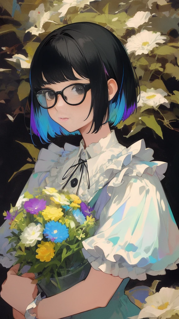 masterpiece, Highest quality, One Girl, Upper body, Have a bouquet of iridescent colors, short hair, , Black-haired, Glasses、Casual clothing, Frills,Top view