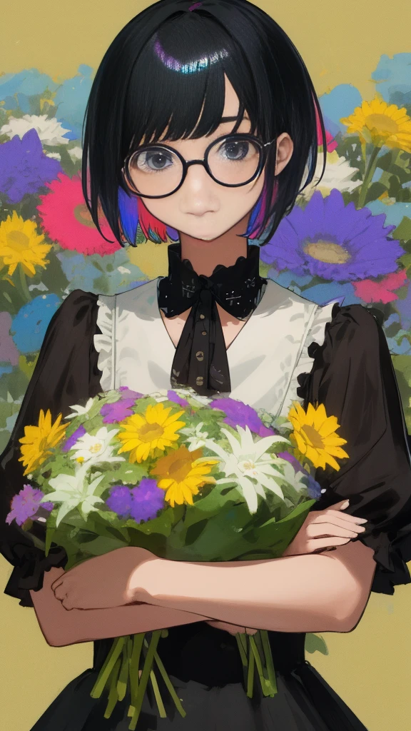 masterpiece, Highest quality, One Girl, Upper body, Have a bouquet of iridescent colors, short hair, , Black-haired, Glasses、Casual clothing, Frills,Top view