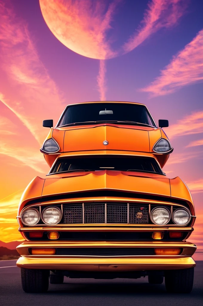 an old 90s car, retro vibe, orange sun, purple sky, photorealistic, 8k, highly detailed, intricate details, dramatic lighting, glowing sunset, vibrant colors, vintage aesthetic, cinematic composition, dramatic perspective, realistic reflections, dust particles, grungy textures, nostalgic mood, warm tones, golden hour lighting