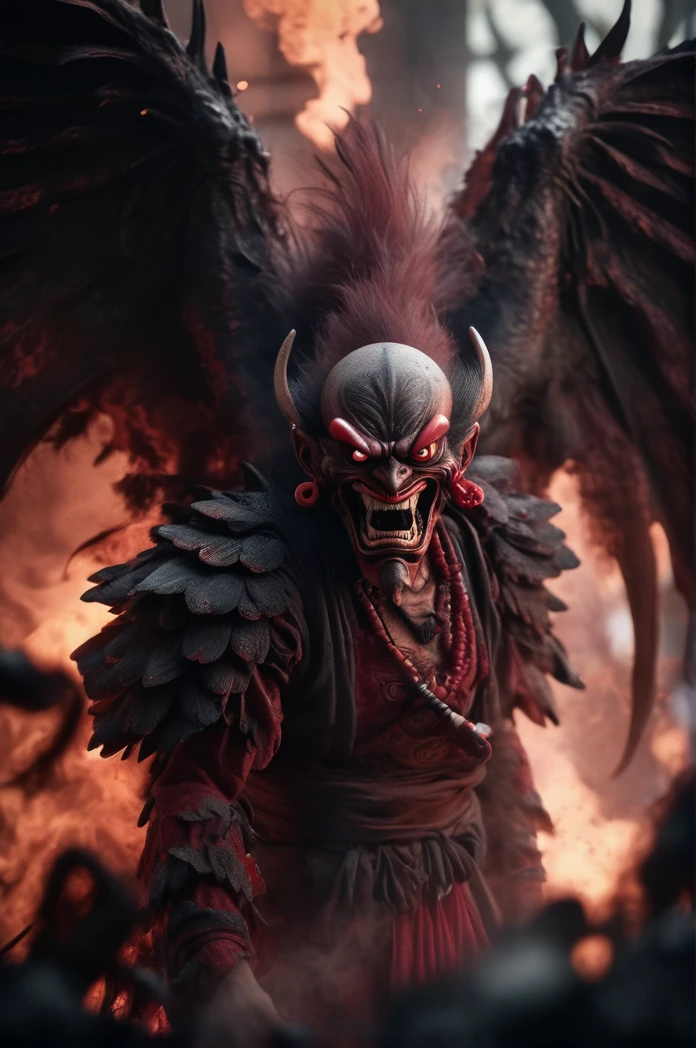 Horror-themed movie stills,Scary red-skinned male Tengu, (Full body portrait:1.3), (Detailed monstrous evil face:1.4), shout, Large, bat-like wings, (Detailed scaly skin texture:1.2), Long curved corner, (In hell, Swirling Souls of Anguish, Rising Smoke:1.5), Black Spiky Armor,, Shallow depth of field, Vignette, Very detailed, High budget, Bokeh, CinemaScope, Sulky, amazing, nice, Film Grain, granular . Creepy, Anxious, dark, Creepyな, Suspenseful, strict, Very detailed