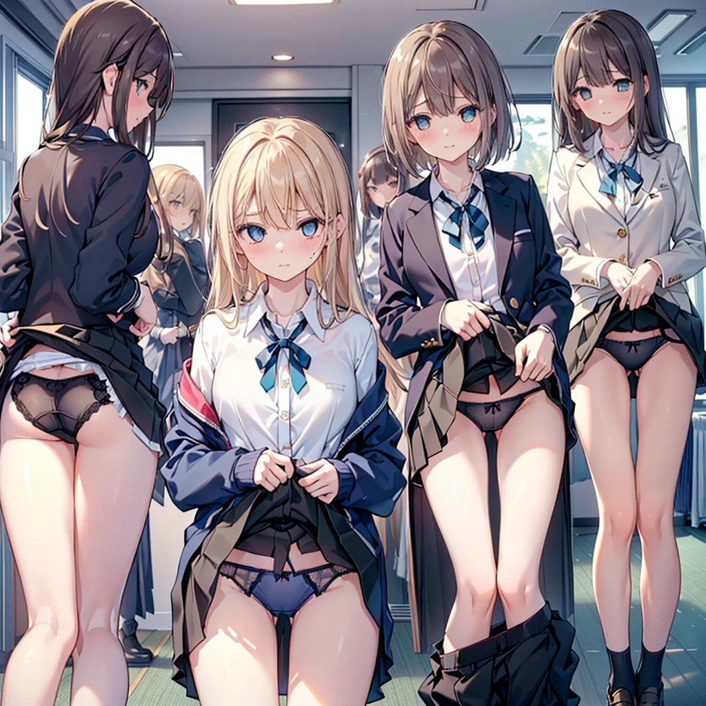 masterpiece, Highest quality, Five girls in a changing room,(Five people getting changed:1.4),Are standing,Ten generations, looking at viewer,Group shot, Harem,ips,underwear,(panties),Realistic,,(Dark blue blazer and white shirt) ,(Dark blue pleated skirt),Blue Ribbon ,(looking back, Grab your ass:0.9),(Beautiful Eyes:1.3),sFrom below,From below,Kinney,(スKinney:1.2) ,Thin thighs, Thin legs,game cg,Bright interior,(Looking at each other:1.5),I closed the curtains.,(Lift up your shirt,Lifted it himself:1.6) ,Dark person.((skirtliftfront:1.4)),(panties:1.5),looking through legs,(((drunken eyes:1.5))),(((undressing:1.8))),presenting、public indecency,undress,(((afterglow))),((おしゃれなunderwear))、(((全員異なる色とデザインのunderwearをつけている)))