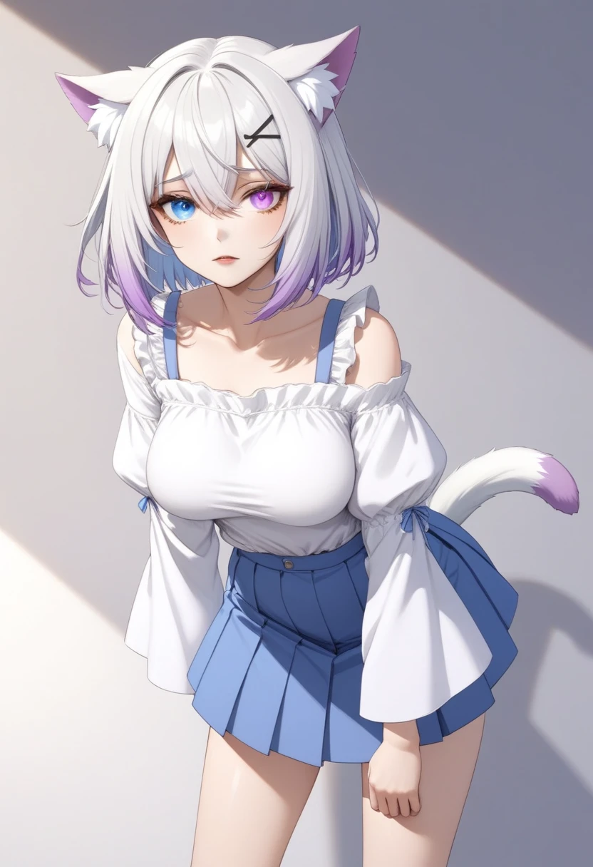 (masterpiece, best quality:1.2)((silver white hair))((heterochromia blue and violet eyes)),solo,1girl,((eyes tilted outwards)), mature_female, milf, animal_ears,averting_eyes,standing_fox_ears,fluffy_fox_tail,hair_between_eyes,basic_blue_hairpin,short_hair, bob_hair, casual_clothing, puffy_sleeves, wide_sleeves, girly_clothes, pleated_skirt