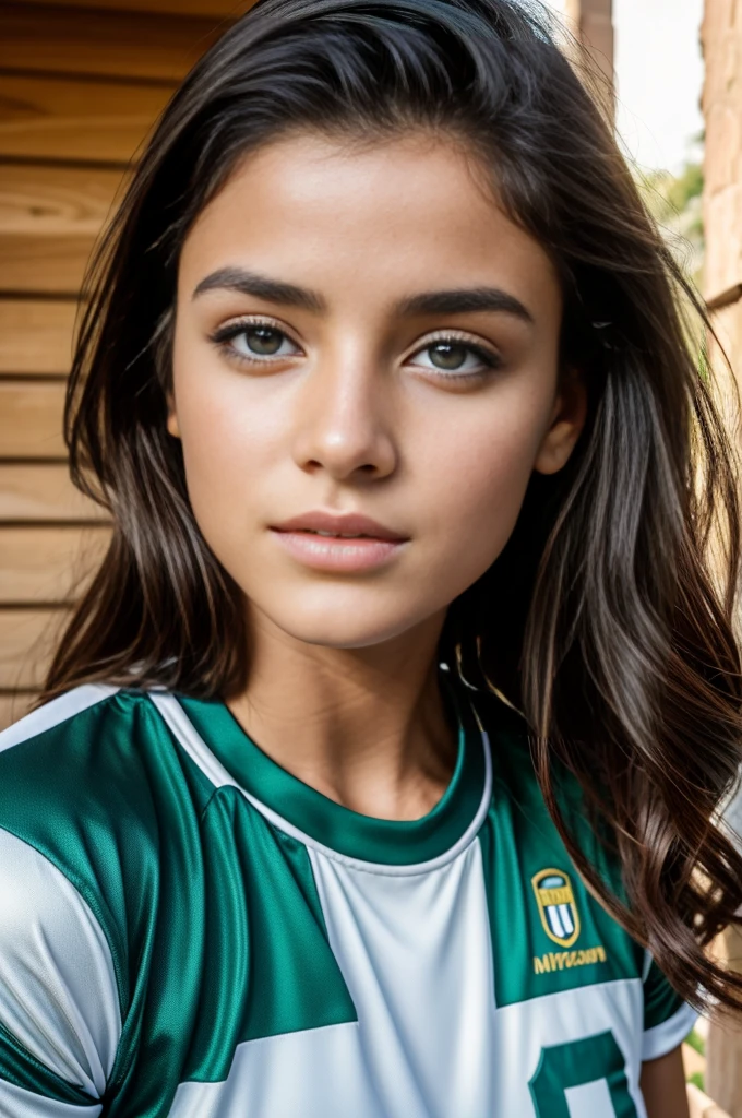 1 fille dans, 19 ans,qui joue au football , Seulement, photo realiste , une belle fille kabyle algérienne, cheveux brun clair ondulés, Kabylian hair style, Cheveux mi-longs, beau visage berbère kabyle, yeux vert, peau claire, visage mince, corps des coureurs, portant une tenue de football de l’equipe de la colombie, (peau texturée, pores de la peau:1.1), chair de poule, pose séduisante, (Extérieur:1.1), maison modern en arriere plan, ensoleillé, Lumière naturelle, Nikon Z8 + NIKKOR Z 24-120 mm f../4S