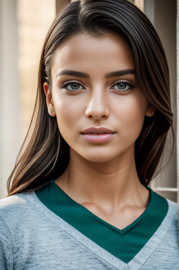 1 fille dans, 19 ans,qui joue au football , Seulement, photo realiste , une belle fille kabyle algérienne, cheveux brun clair ondulés, Kabylian hair style, Cheveux mi-longs, beau visage berbère kabyle, yeux vert, peau claire, visage mince, corps des coureurs, portant une tenue de football de l’equipe de la colombie, (peau texturée, pores de la peau:1.1), chair de poule, pose séduisante, (Extérieur:1.1), maison modern en arriere plan, ensoleillé, Lumière naturelle, Nikon Z8 + NIKKOR Z 24-120 mm f../4S