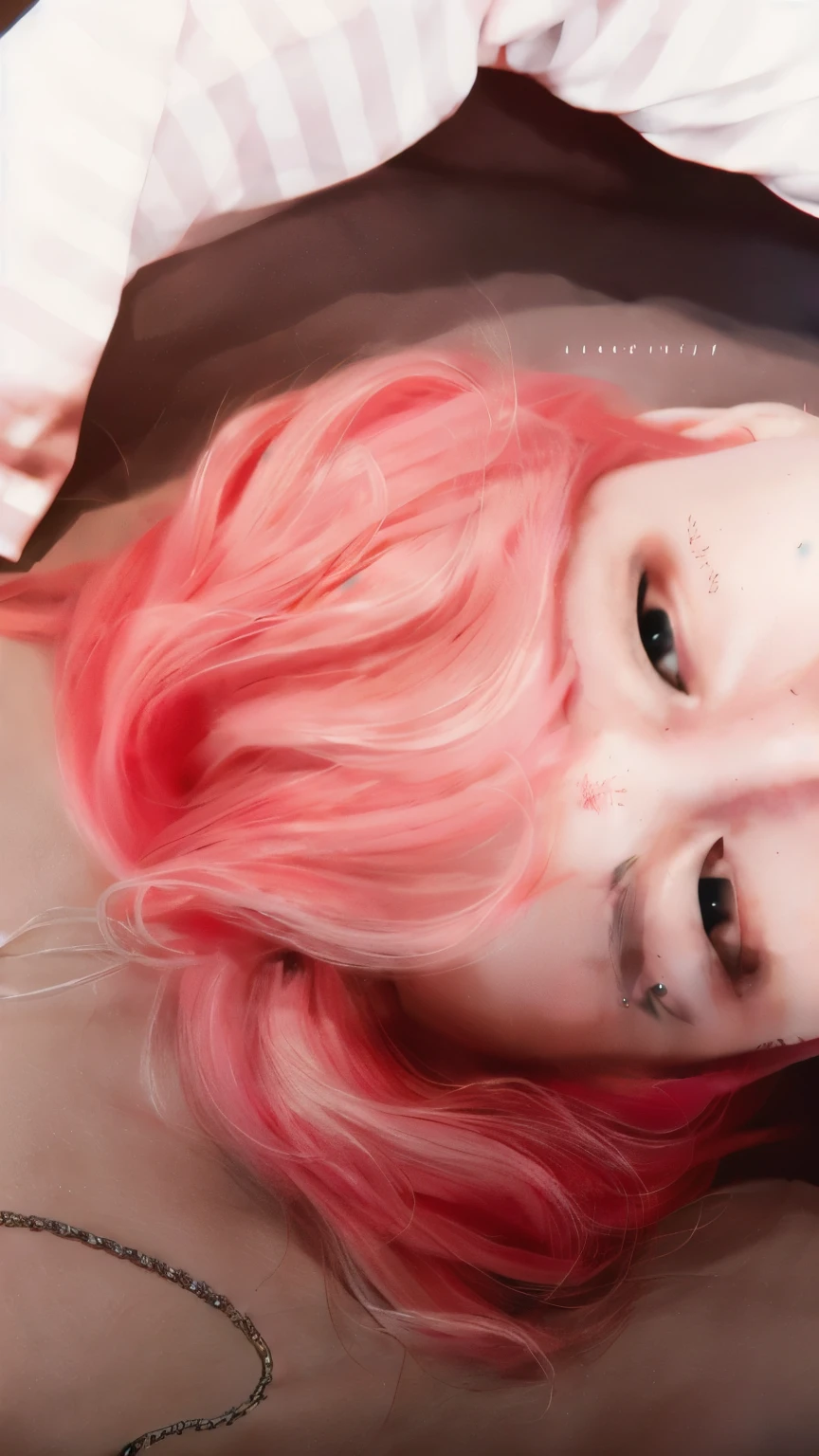 there is a woman with pink  hair laying on a bed, inspired by Yanjun Cheng, flowing pink  hair, with pink  hair, artwork in the style of guweiz, aerochromatic eyes, Pink skin, glowing pink face, pink face, pink  hair, bubblegum hair, Guweiz, aesthetic portrait, inspired by jeonseok lee, infrared hair, pink  hairdo e ralo