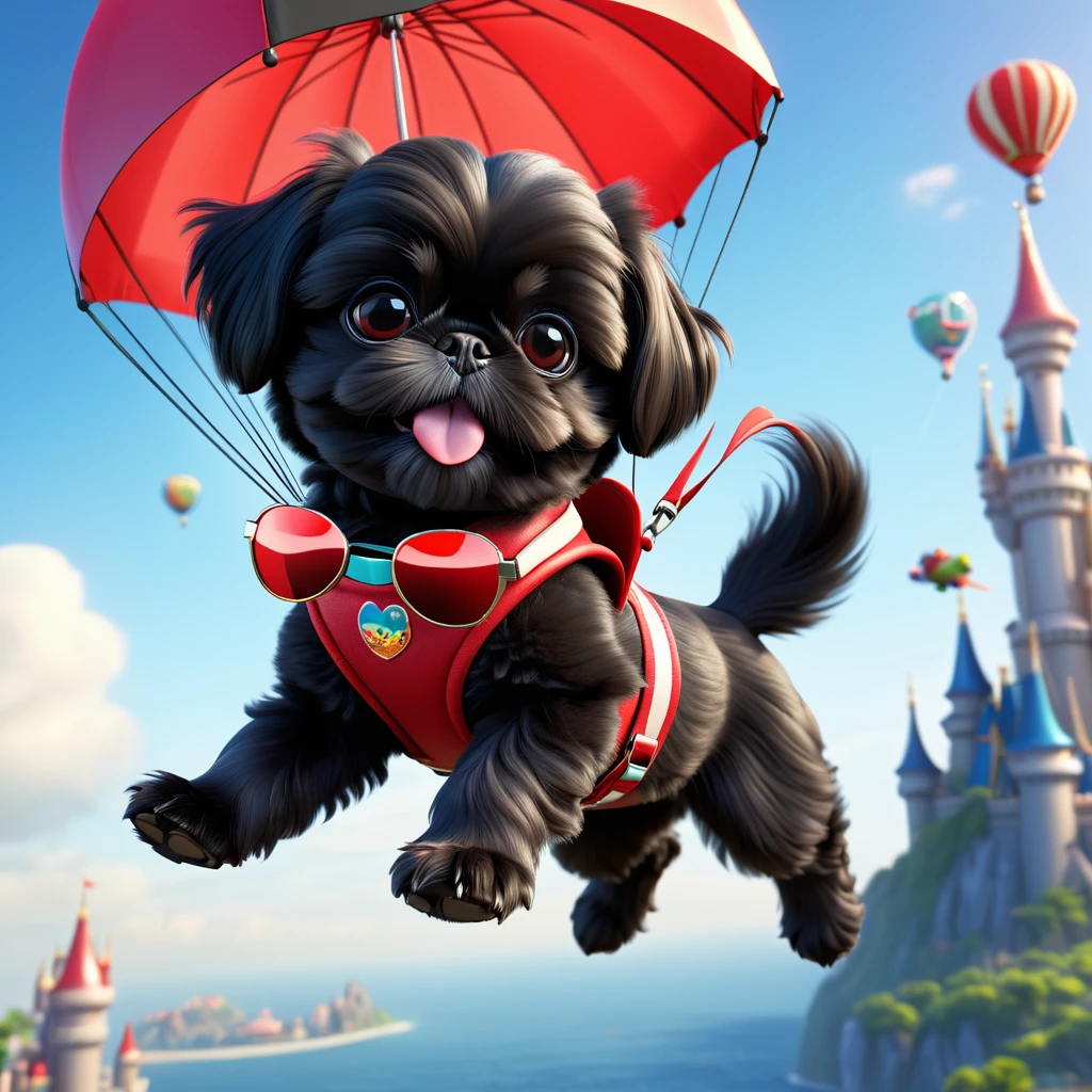 2 adorable small black shih tzu puppies, wearing red sunglasses, parachuting, 3d cartoon, 3d render, disney pixar style, cinematic lighting, vibrant colors, highly detailed, photorealistic, (best quality,4k,8k,highres,masterpiece:1.2),ultra-detailed,(realistic,photorealistic,photo-realistic:1.37)