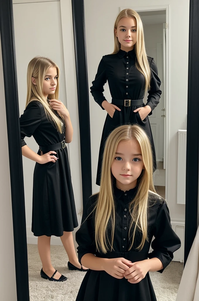 blonde 17 years old girl, with black thingh dress, getting a mirror picture but doesnt face the camera, mainly her clothes and haur can be seen in the picture, without a face to be seen
