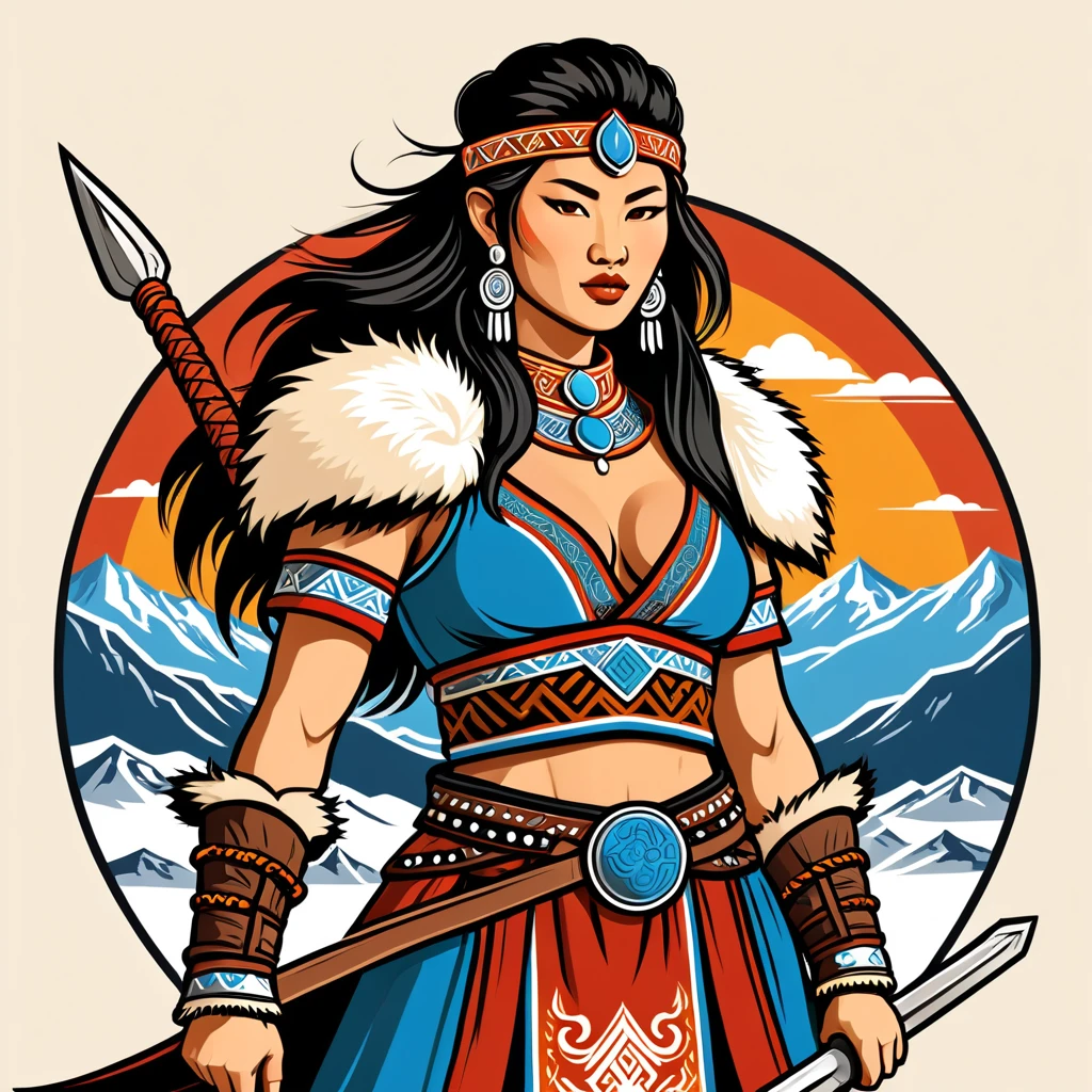 female barbarian in mongolian folk outfit, vector graphics, strong contours, logo design
