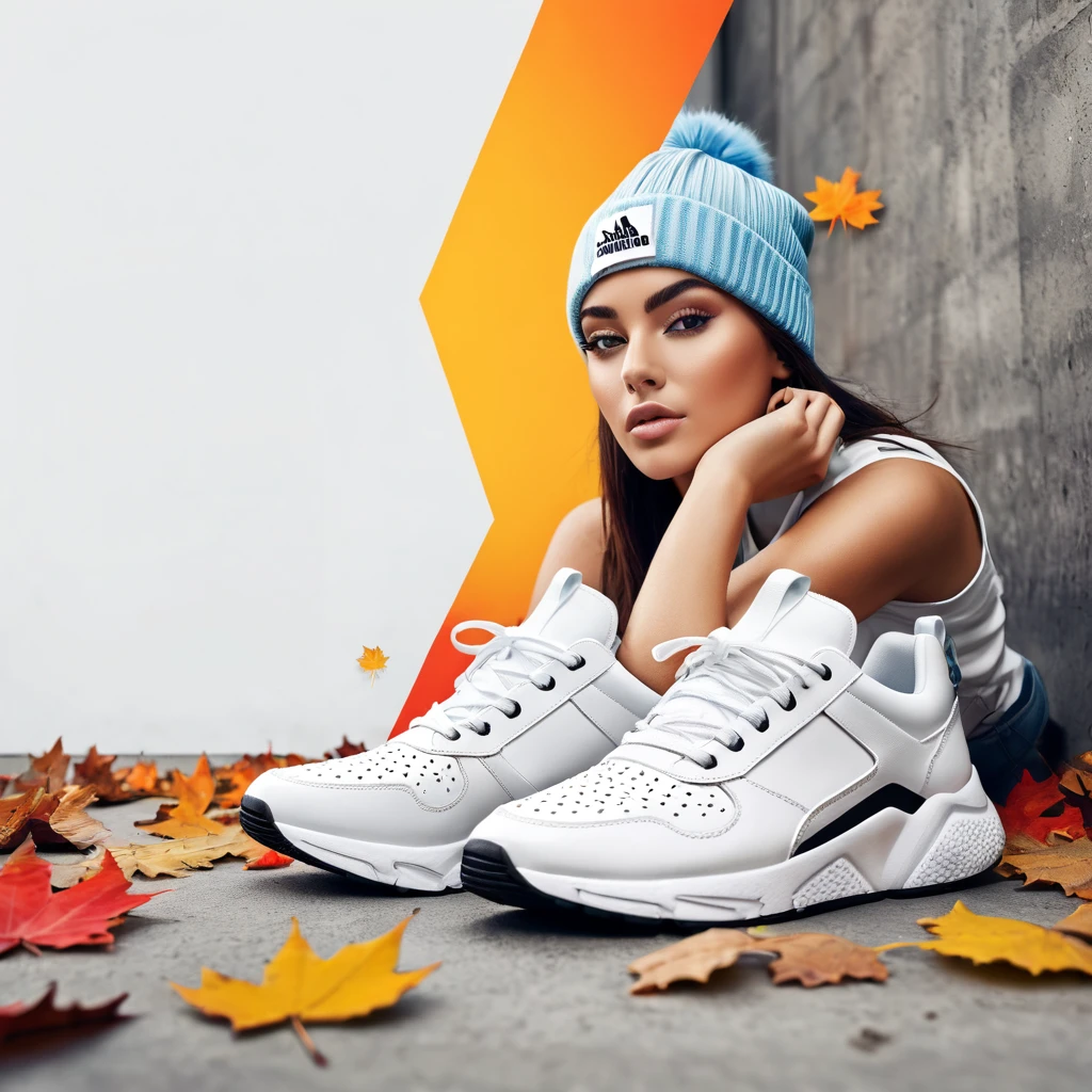 Create an image for the main banner of an urban sneaker store for the "Autumn Winter" season. The image should show a full-body woman, lying on her side with a relaxed expression, wearing trendy urban sneakers. The sneakers should be the main focal point of the image, with bright colors and details clearly visible. The background should be white and minimalist, highlighting the sneakers and urban fashion