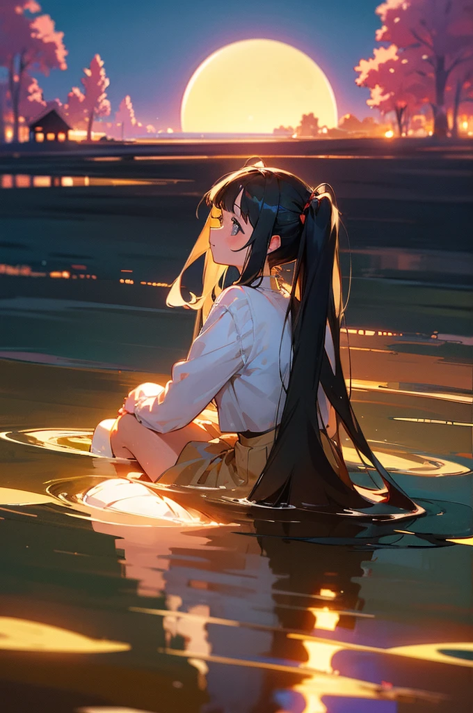 masterpiece, best quality, ultra detailed, outdoors, nature ,seaside serenity, {simple background} ,reflective water, a girl, idol, happy, smiling, sitting on the floor, looking away ,medium twintail, black hair, {{curly}}, black hair, odd eyes, droopy eyes, pale skin, beautiful breasts, {{{pink Lolita Costume}}}, {mini-skirt} , {with a perfect circle of one full moon} , in the evening, nostalgic atmosphere, cel anime, full body shot, on right, from behind, golden ratio, golden hour, directional light, in focus with blurred background, dark_pink