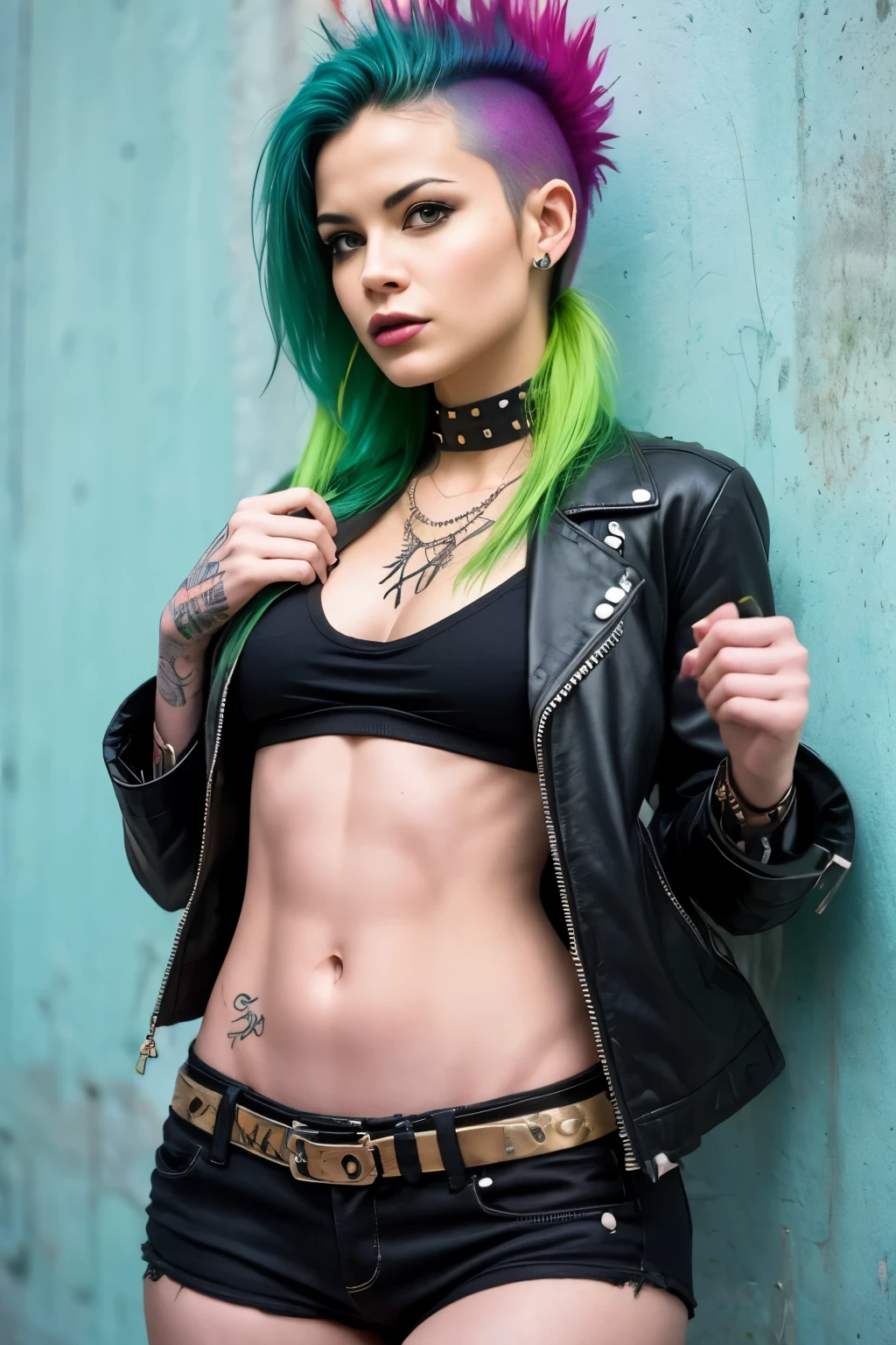 (work of art, best qualityer:1.2), 1 girl ,intrincately detailed, "Punk Girl", in dynamic pose, ((spike mohawk hair, Green punk hair, wearing a black jacket, Rocket style, tattooed , hot body, abs)) . Shallow depth of field, vignette, highy detailed, high budget, bokeh, cinemascope, temperamental, epic, marvelous, film grain, grainy. ((Abandoned grafitti wall background)).