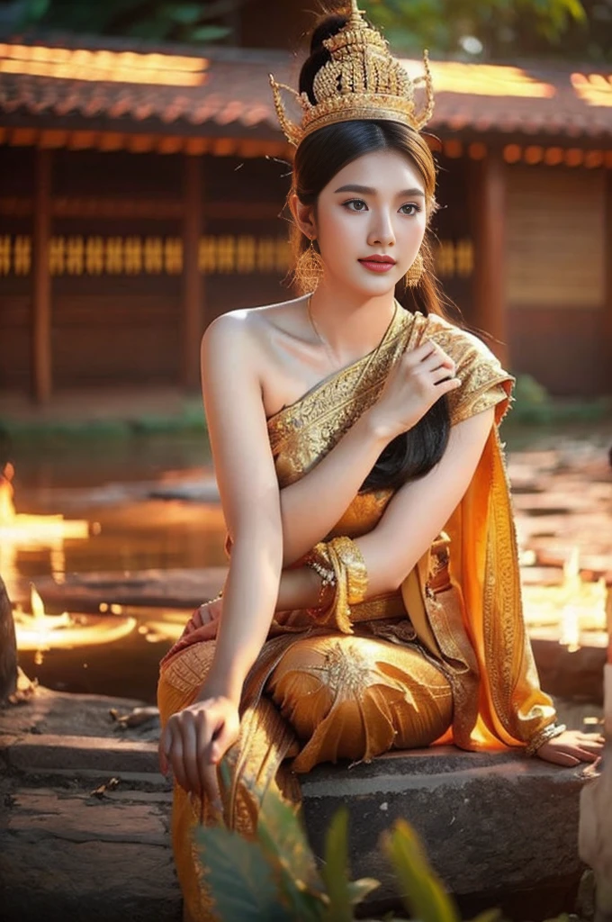 beautiful girl ,Thai women&#39;warrior, walking at thai measure, dynamic poses, Thai Noi, long ponytail,black eyes,abdominal muscles, plump body, rounded chest, (big breast:1.3), Hold the bow in your hand and aim at the target.. , rift, morning sun, staring at the viewer, (dynamic poses), ((face details)), Double eyelids, That&#39;s finished., realistic, Masterpiece, Highest quality, lens flare, shade, old measure, measure, [[Chromatic aberration]], By Jeremy Lipking, By Antonio J.... Manzanedo, Digital Painting, HDR, high contrast
