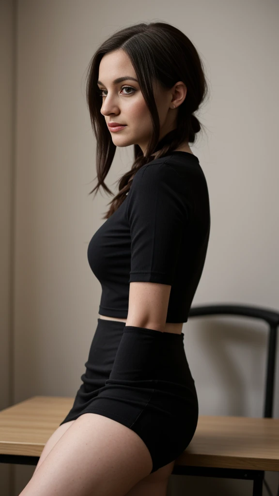 meghan trainor, secretary outfit, dark brunette hair, pencil skirt, (wide hips:1.1), thicc, sitting on desk, 35 years old, upskirt, hair in tight braid, round glasses, sensual, shy, film grain, raw photo, masterpiece, photorealistic, high definition, tall socks, stalkings, flat chest, dwarf, short height, petit, small, ((small head))