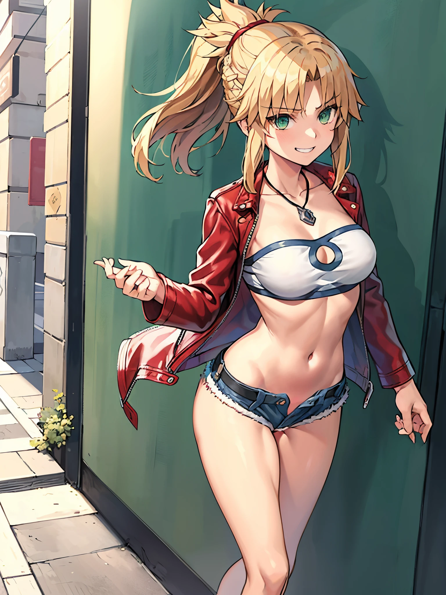 Masterpiece, Best Quality, illustration, city street, 1girl, Mordred \(fate\), cowboy shot, collarbone, Detailed blond hair ponytail braid, green eyes, Red leather jacket, White short blouse, denim shorts,navel,thigh-high,grin, covered_pussy,skiny