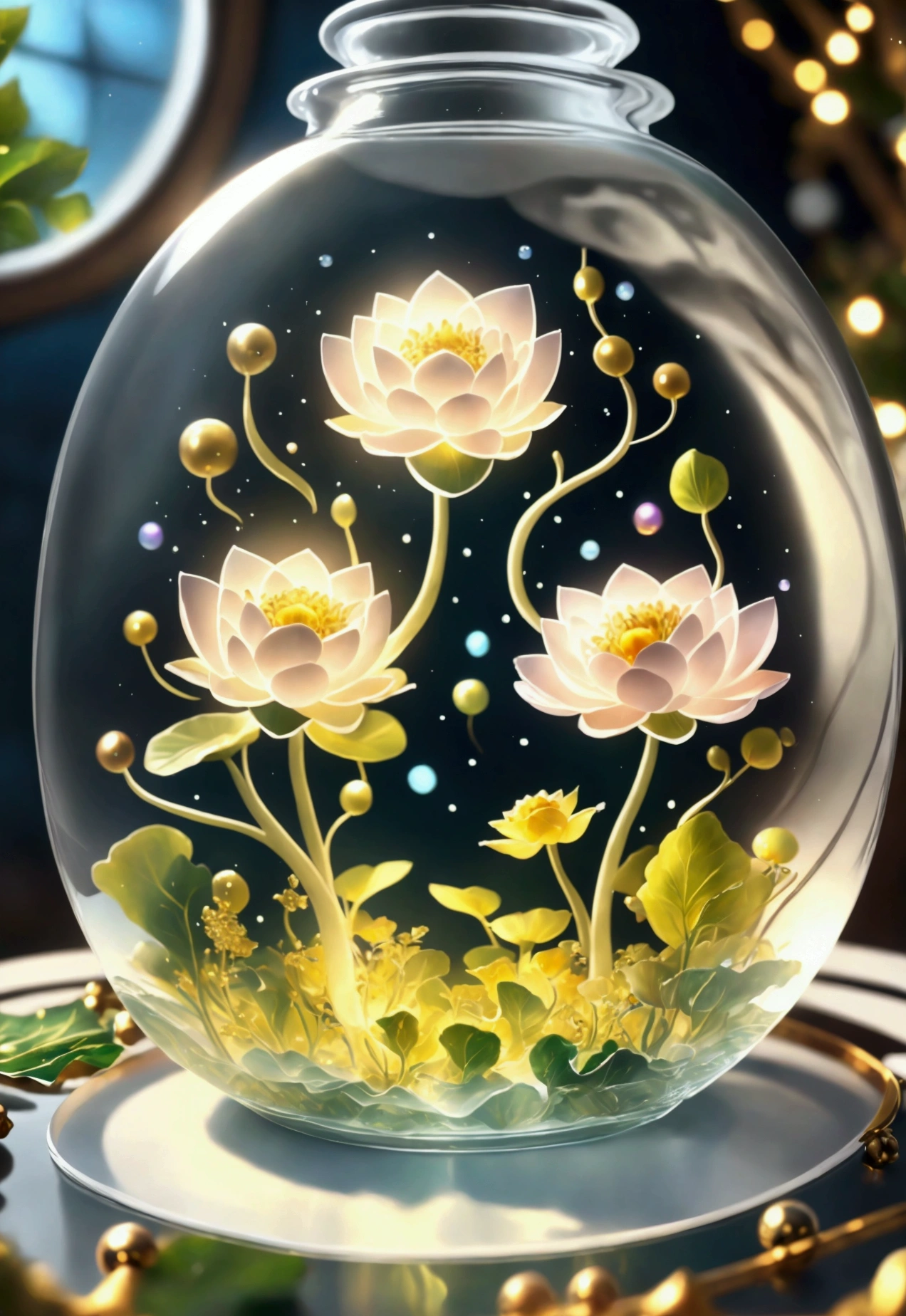 (La best quality,high resolution,super detailed,actual),Lotus flower formed from jelly,in the room,Christmas decoration,surrounded by christmas gifts,A masterpiece full of fantasy elements）））, （（best quality））, （（intricate details））（8k）