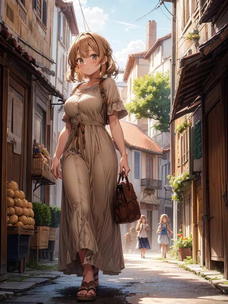 1girl,(anime coloring:1.2), best quality, looking at viewer, short wavy hair, chestnut hair, feminine, large breasts, (solid Maxi dress), (Light brown color Short sleeve Maxi dress:1.3),Medieval Europe,Ancient Village,Vegetable stall,Main Street,((Fantasy))