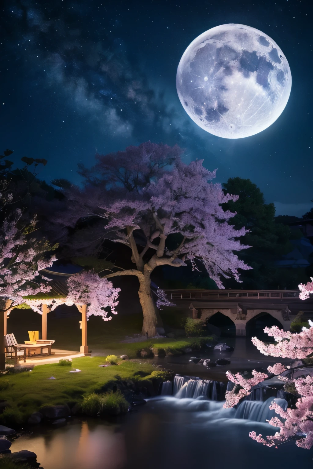 (Highest quality,4K,8k,High resolution,masterpiece:1.2)Fantasy、Unknown world、Sakura、Moonlit night landscape
