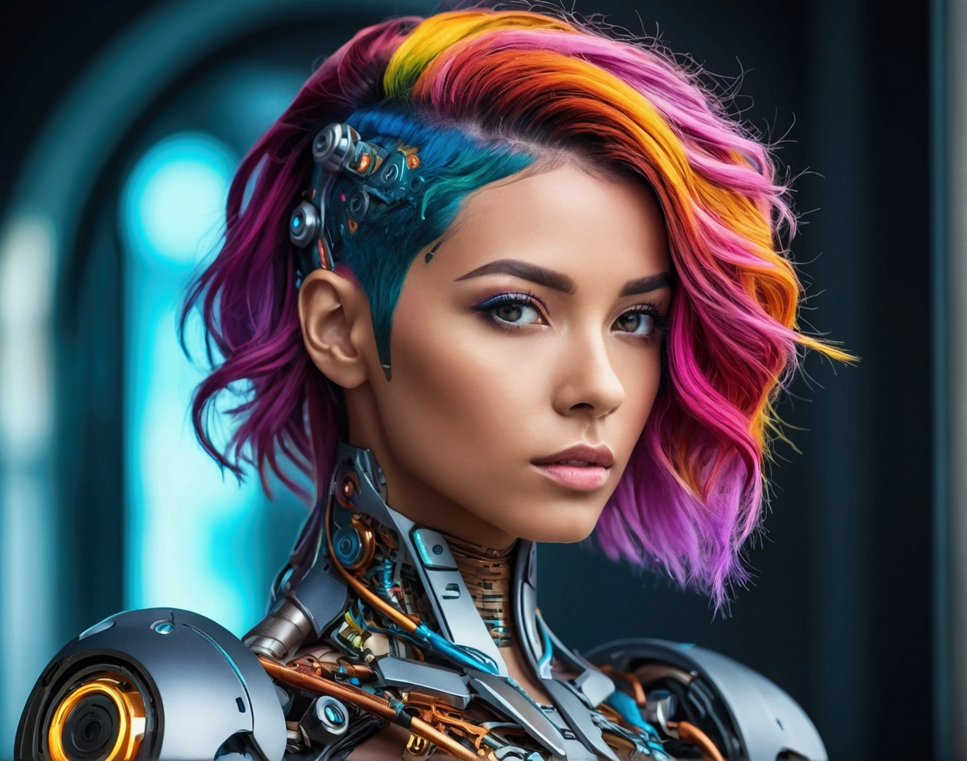 "A stunning, beautiful woman with colorful hair, high-resolution photo capturing the essence of a futuristic cyborg with intricate details and dynamic angles."