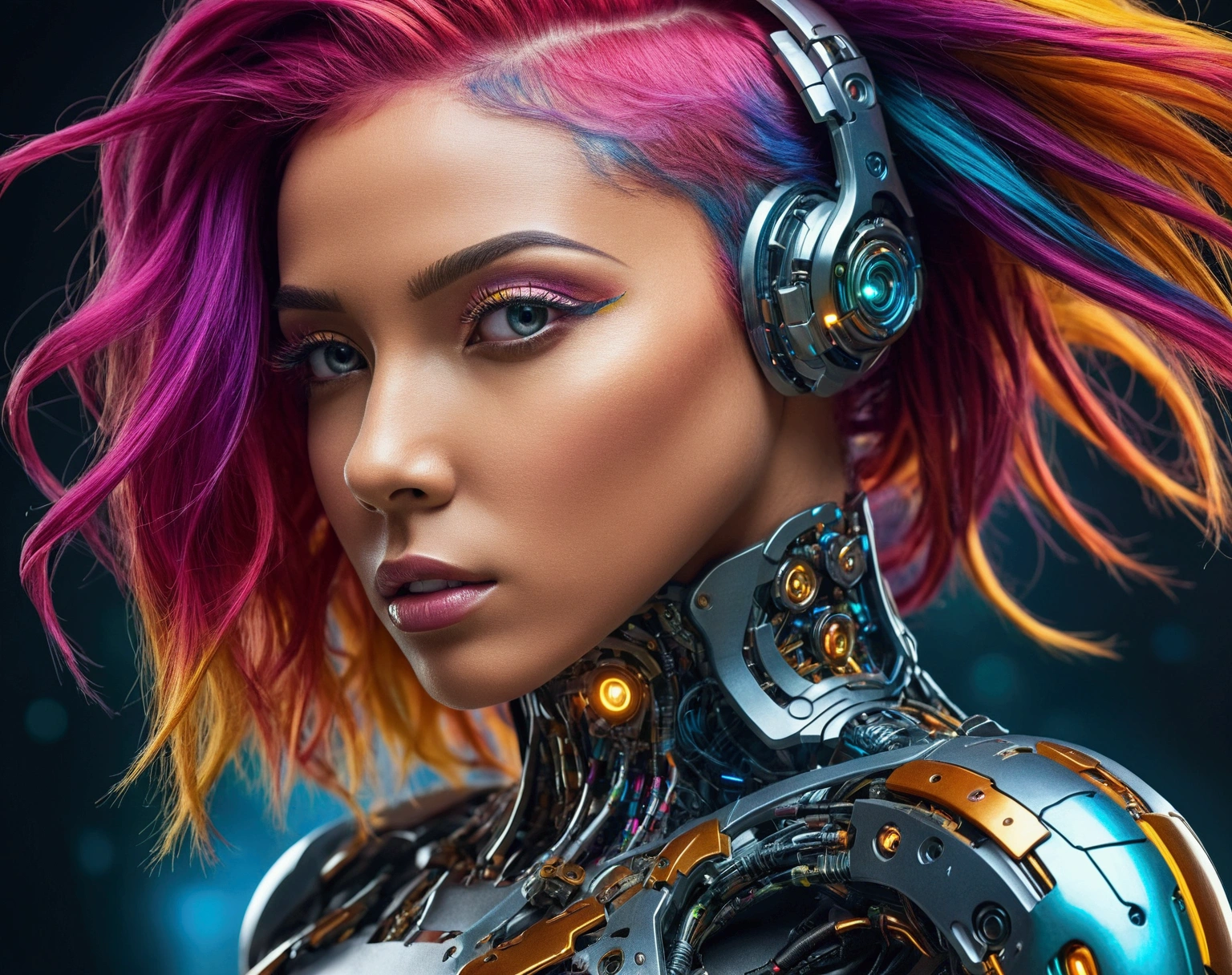 "A stunning, beautiful woman with colorful hair, high-resolution photo capturing the essence of a futuristic cyborg with intricate details and dynamic angles."