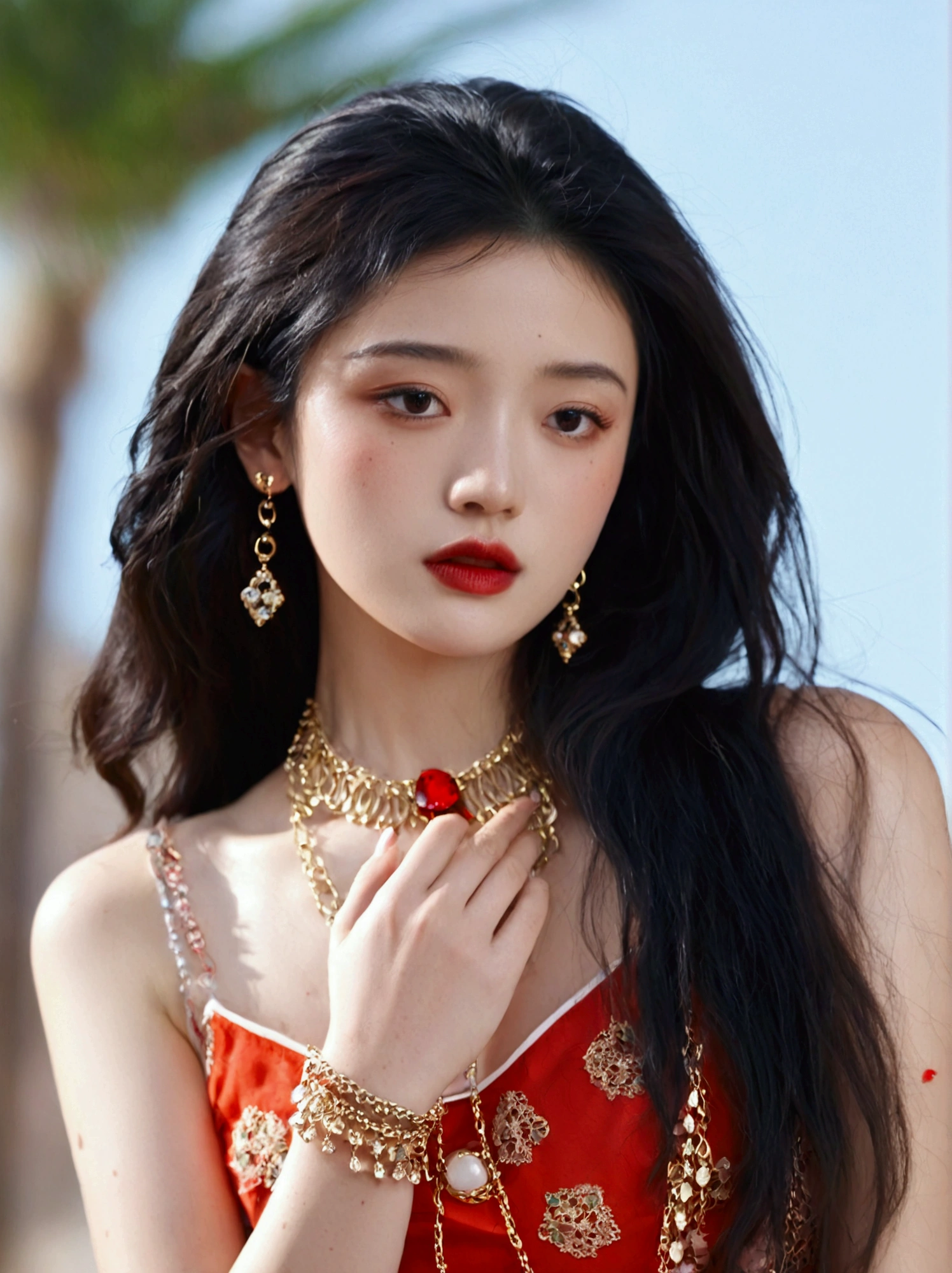 1girl, solo, long hair, black hair, jewelry, upper body, necklace, black eyes, bracelet, lips, looking to the side, looking away, ring, freckles, realistic, red lips