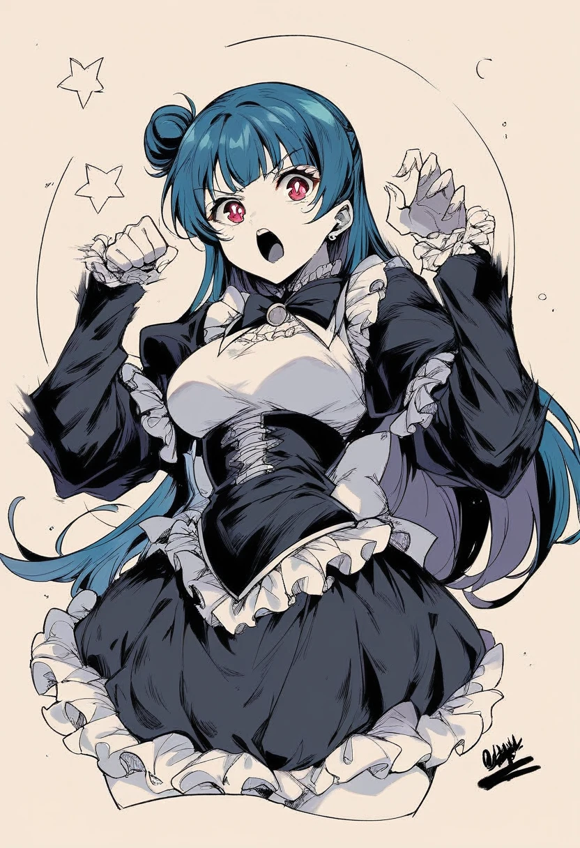 Please draw Tsushima Yoshiko (Yohan), a character from the anime "Love Live! Sunshine!!". She is in her signature dark angel pose, shouting her catchphrase, "Fallen angel Yohane has descended!" Her outfit should be dark gothic lolita style, with a black and purple design. In the background, a full moon and stars shining in the night sky create a mysterious atmosphere. The overall style should have vivid, clear lines and colorful colors in the anime style. Oil painting style, dark and heavy colors, unnatural poses and expressions, rough brushstrokes, futuristic gadgets and sci-fi elements, monochrome and sepia tones.