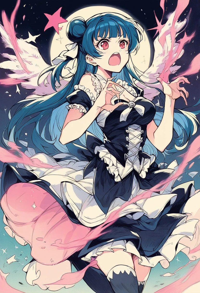 Please draw Tsushima Yoshiko (Yohan), a character from the anime "Love Live! Sunshine!!". She is in her signature dark angel pose, shouting her catchphrase, "Fallen angel Yohane has descended!" Her outfit should be dark gothic ta style, with a black and purple design. In the background, a full moon and stars shining in the night sky create a mysterious atmosphere. The overall style should have vivid, clear lines and colorful colors in the anime style. Oil painting style, dark and heavy colors, unnatural poses and expressions, rough brushstrokes, futuristic gadgets and sci-fi elements, monochrome and sepia tones.
