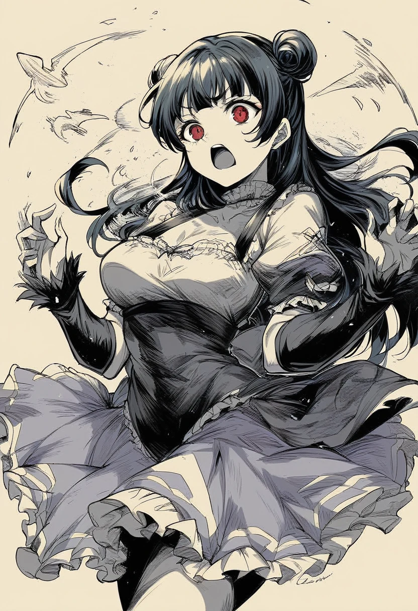 Please draw Tsushima Yoshiko (Yohan), a character from the anime "Love Live! Sunshine!!". She is in her signature dark angel pose, shouting her catchphrase, "Fallen angel Yohane has descended!" Her outfit should be dark gothic style, with a black and purple design. In the background, a full moon and stars shining in the night create a mysterious atmosphere. The overall style should have vivid, clear lines and colorful colors in the anime style. Oil painting style, dark and heavy colors, unnatural poses and expressions, rough brushstrokes, futuristic gadgets and sci-fi elements, monochrome and sepia tones.