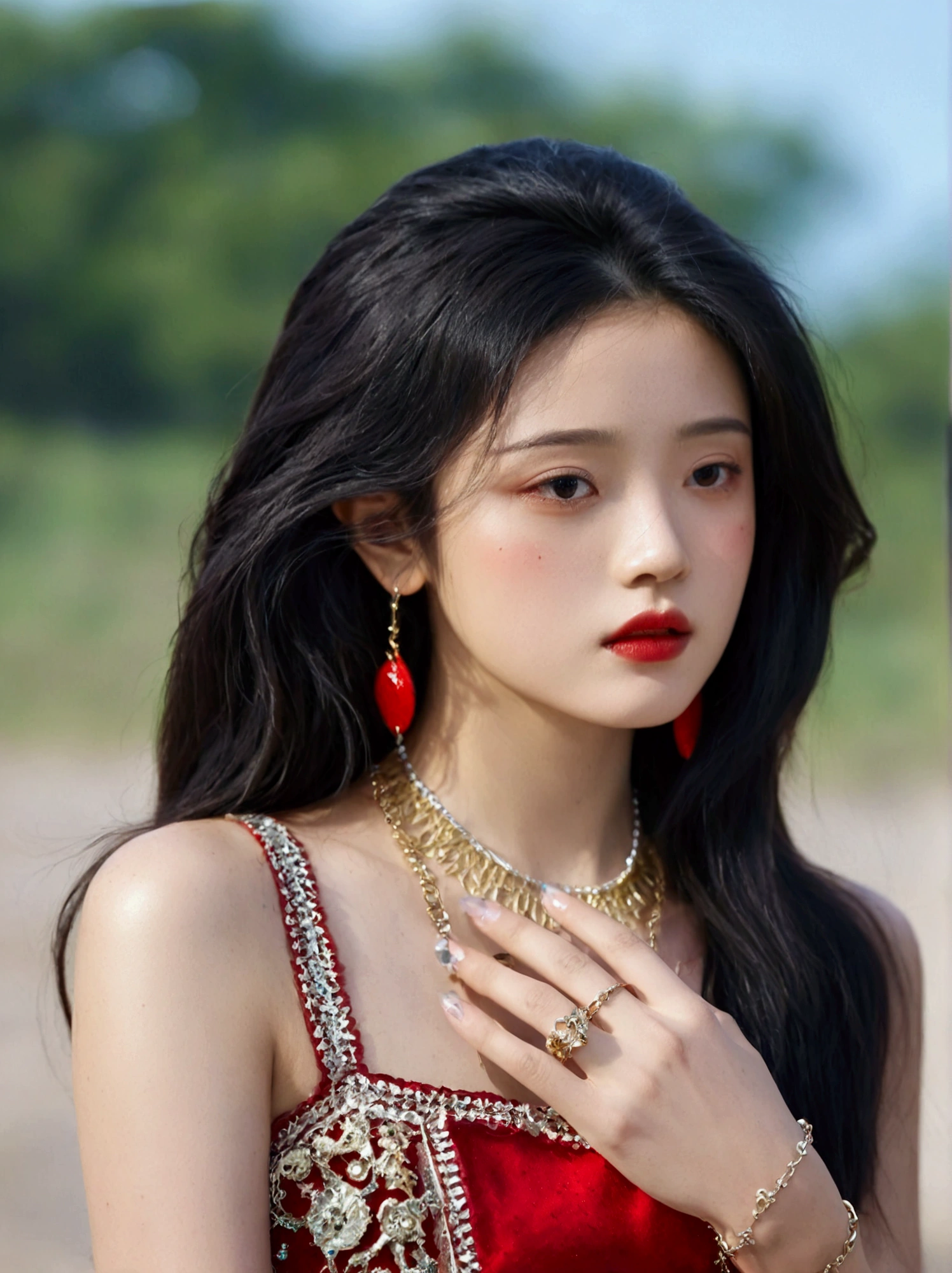 1girl, solo, long hair, black hair, jewelry, upper body, necklace, black eyes, bracelet, lips, looking to the side, looking away, ring, freckles, realistic, red lips